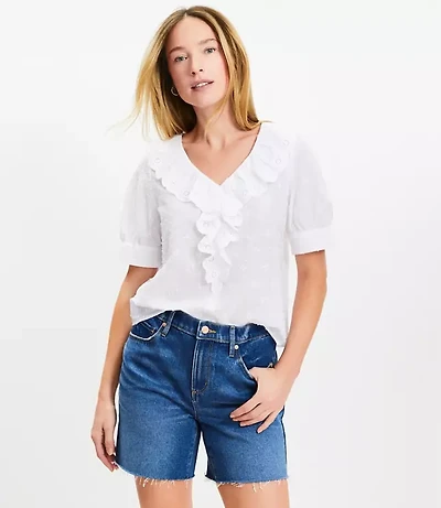 Clip Eyelet Ruffle Puff Sleeve Blouse
