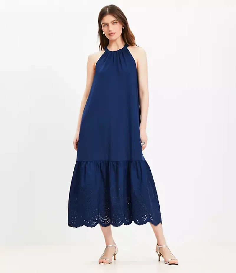 Eyelet Poplin Mixed Media Maxi Halter Dress