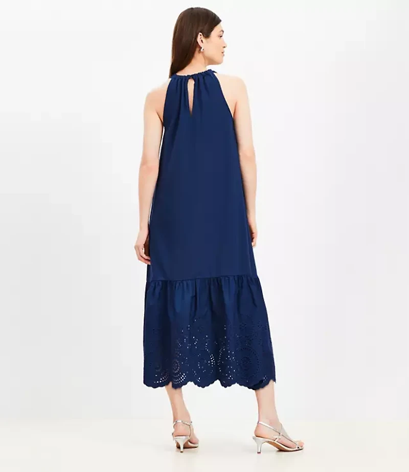 Eyelet Poplin Mixed Media Maxi Halter Dress