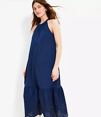 Eyelet Poplin Mixed Media Maxi Halter Dress