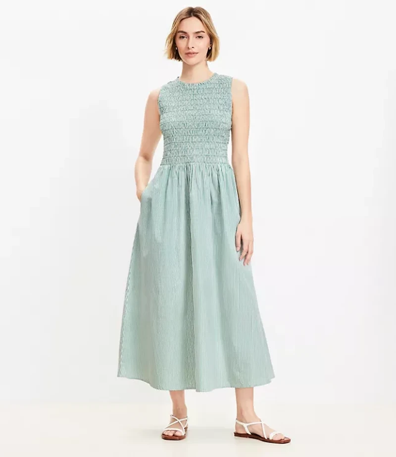 Petite Striped Poplin Smocked Midi Pocket Dress