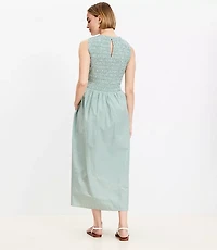 Petite Striped Poplin Smocked Midi Pocket Dress