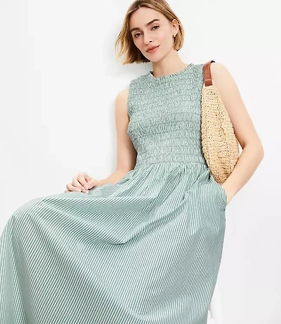 Petite Striped Poplin Smocked Midi Pocket Dress