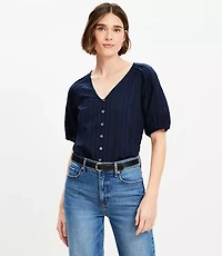 Petite Dobby Bubble Sleeve Mixed Media Blouse