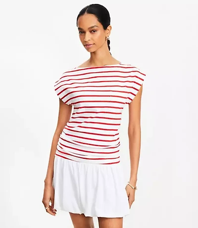 Stripe Ruched Boatneck Pocket Tee