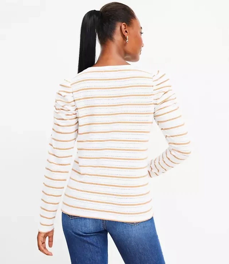 Striped Jacquard Tie Keyhole Ruched Sleeve Top