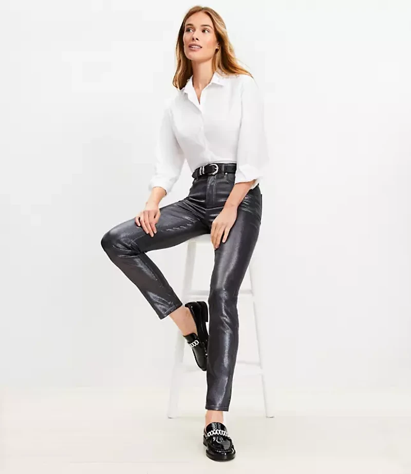 Petite Coated High Rise Skinny Jeans Pewter Metallic