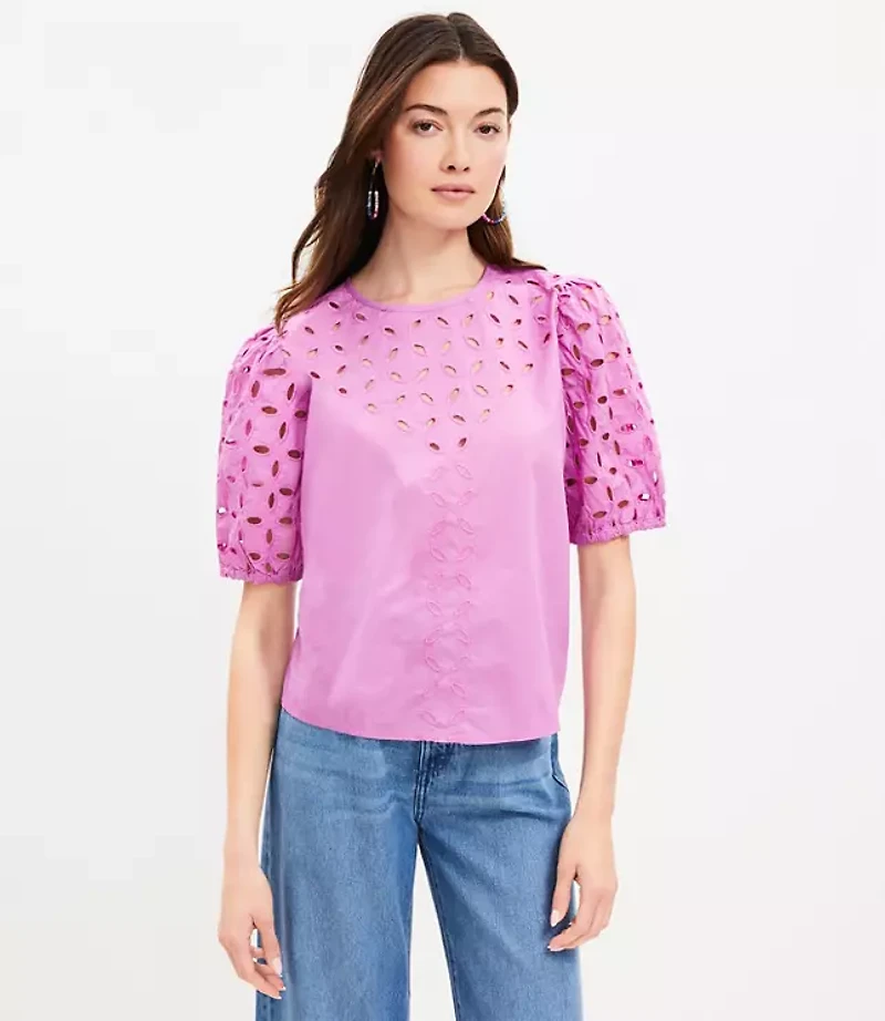 Poplin Eyelet Puff Sleeve Blouse