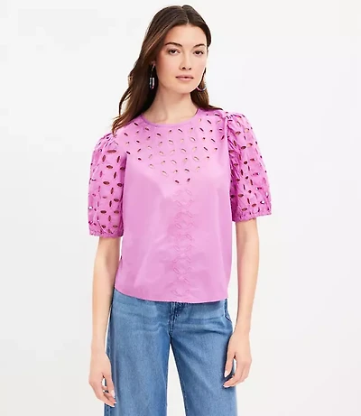 Poplin Eyelet Puff Sleeve Blouse