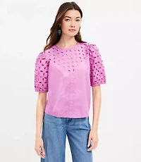 Poplin Eyelet Puff Sleeve Blouse