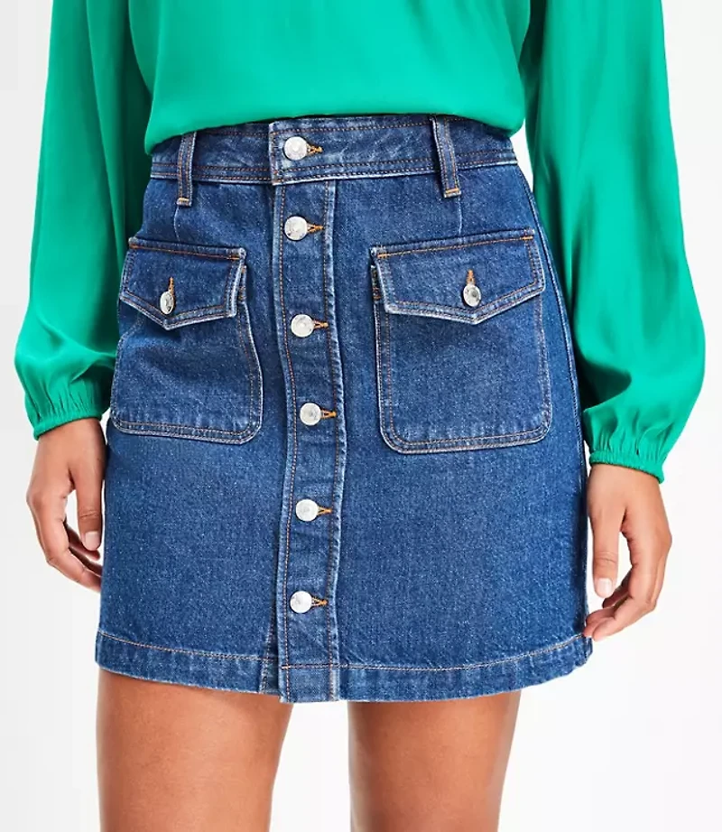 Patch Pocket Denim Skirt in Dark Indigo Wash