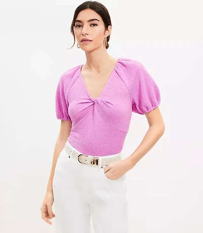 Seersucker Twist Puff Sleeve Top