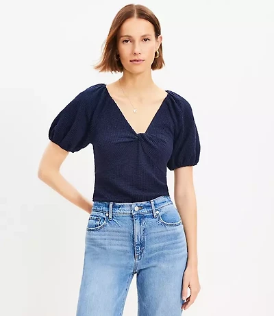 Seersucker Twist Puff Sleeve Top