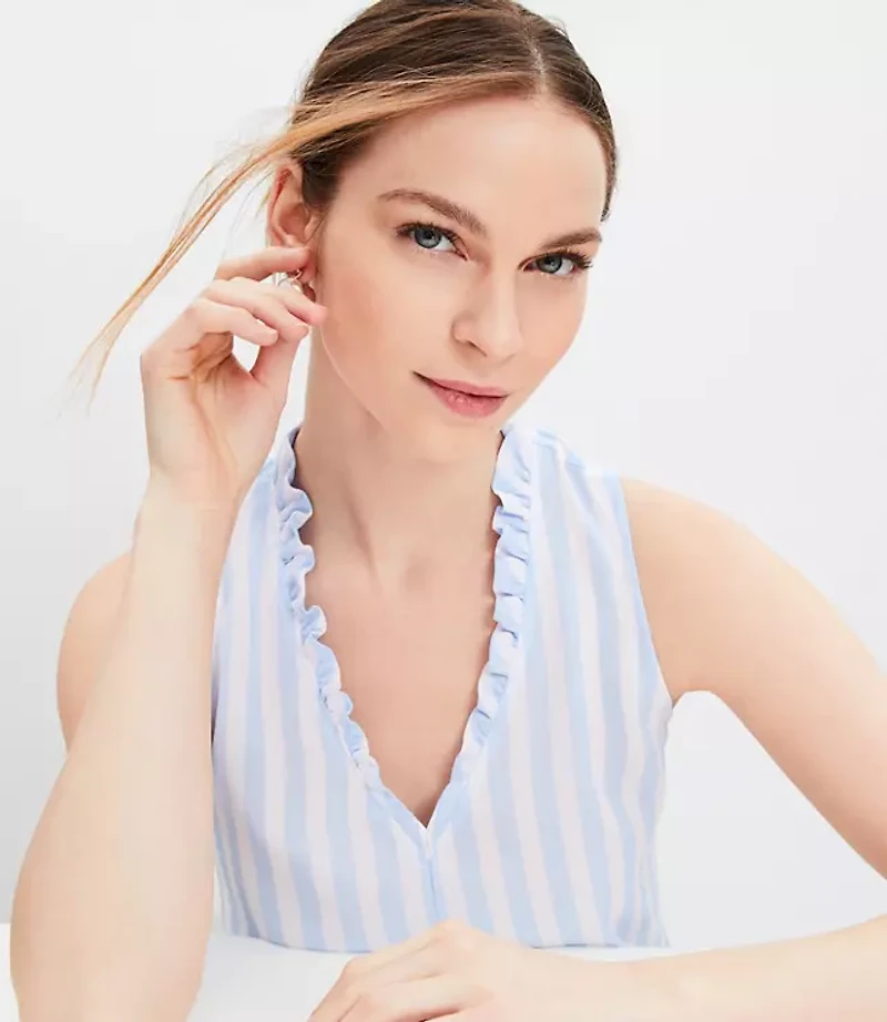 Petite Striped Ruffle V-Neck Mixed Media Shell