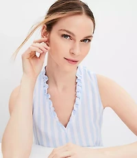 Petite Striped Ruffle V-Neck Mixed Media Shell