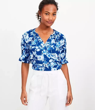 Petite Corfu Weekend Pleated V-Neck Blouse