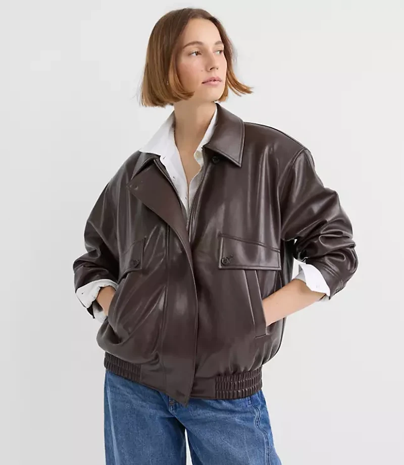 Petite Oversized Faux Leather Bomber Jacket