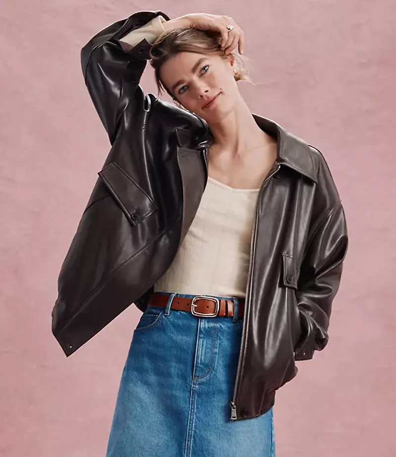 Petite Oversized Faux Leather Bomber Jacket