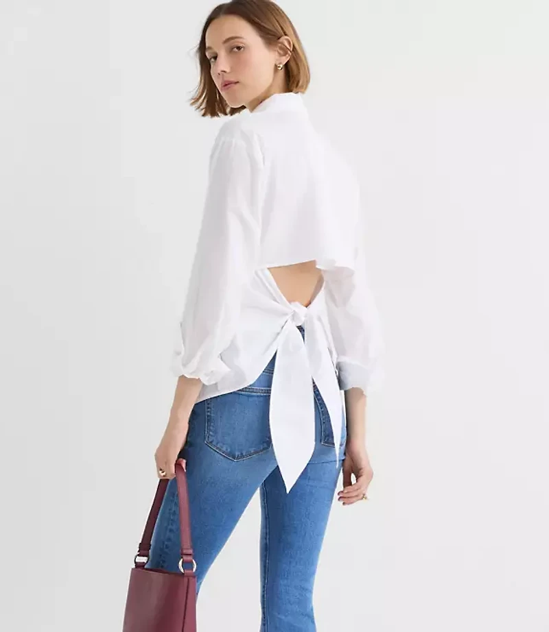 Petite Striped Cutout Tie Back Poplin Shirt
