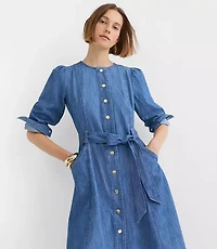 Petite Chambray Balloon Sleeve Midi Pocket Dress