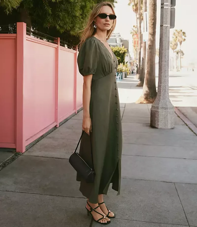 Petite Lace Trim Linen Blend Midi Dress