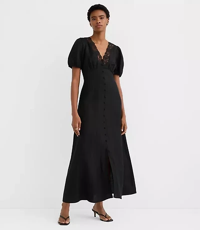 Petite Lace Trim Linen Blend Midi Dress