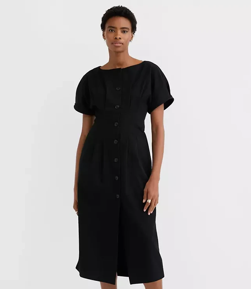 Petite Pleated Barrel Sleeve Midi Pocket Dress