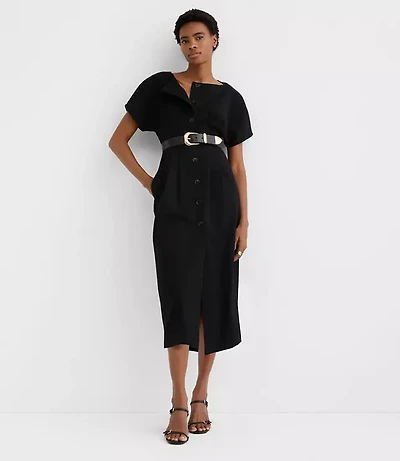 Petite Pleated Barrel Sleeve Midi Pocket Dress