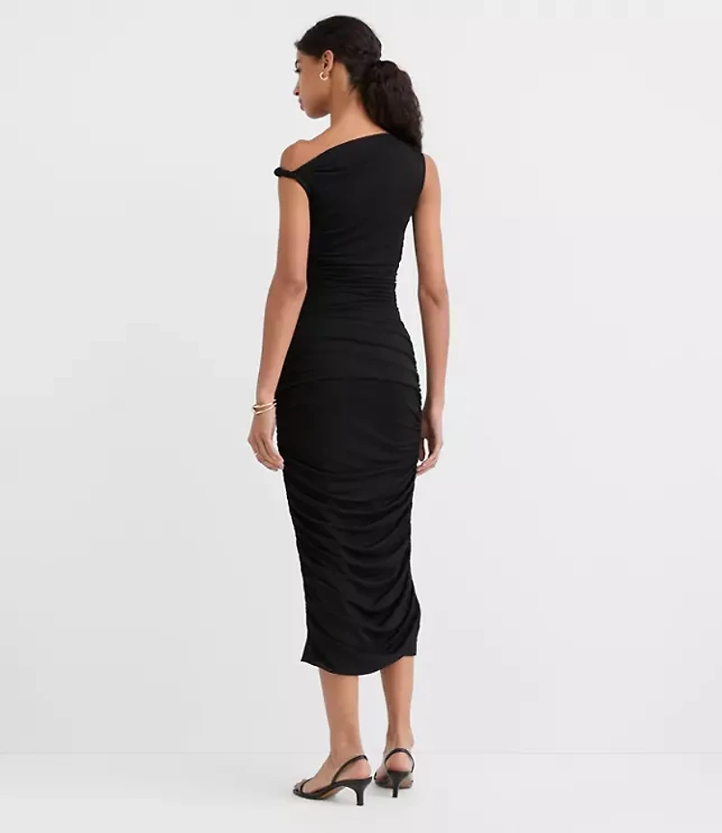 Mesh Ruched One Shoulder Midi Dress