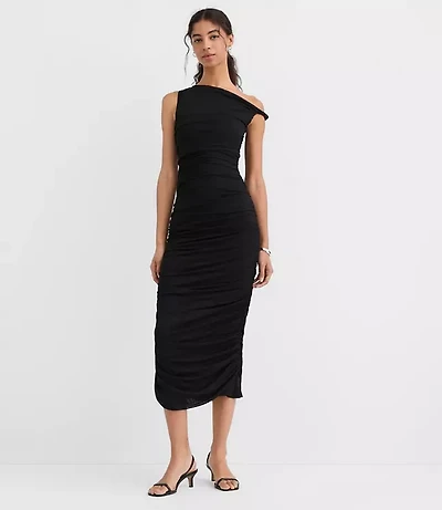Mesh Ruched One Shoulder Midi Dress