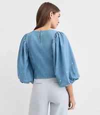 Studded Chambray Puff Sleeve Blouse