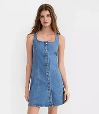 Petite Denim Seamed Button Mini Dress Classic Mid Wash