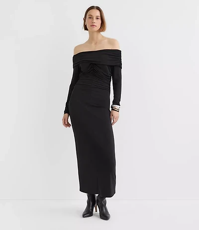 Petite Ruched Off The Shoulder Midi Dress