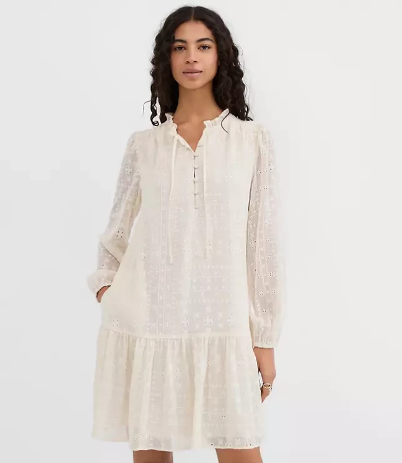 Petite Eyelet Tie Neck Flounce Mini Pocket Dress