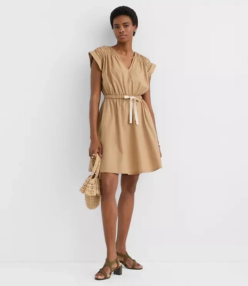 Petite Poplin Shirred Tie Waist Mini Dress