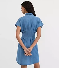 Petite Chambray Pleated Mini Pocket Shirtdress