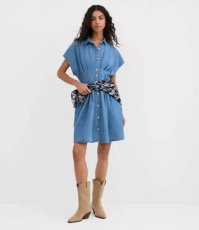 Petite Chambray Pleated Mini Pocket Shirtdress