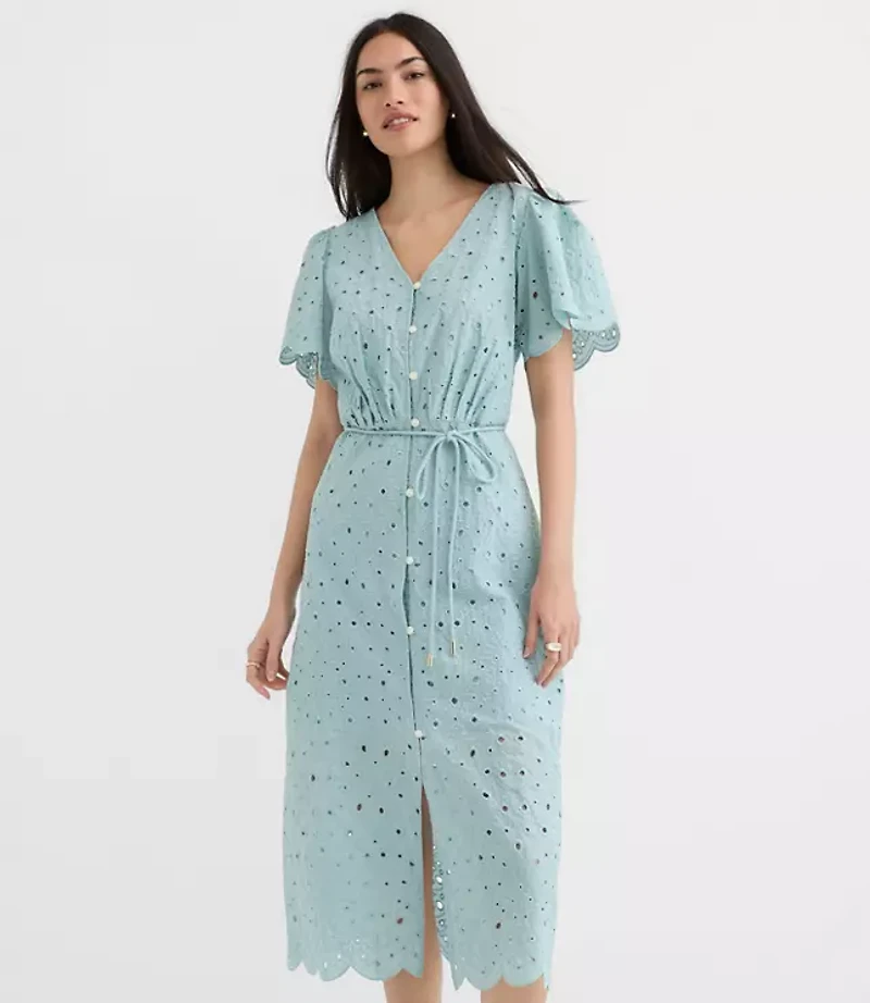 Petite Scalloped Eyelet Midi Pocket Shirtdress