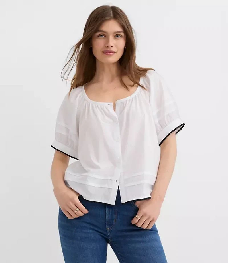 Scalloped Pintucked Puff Sleeve Blouse