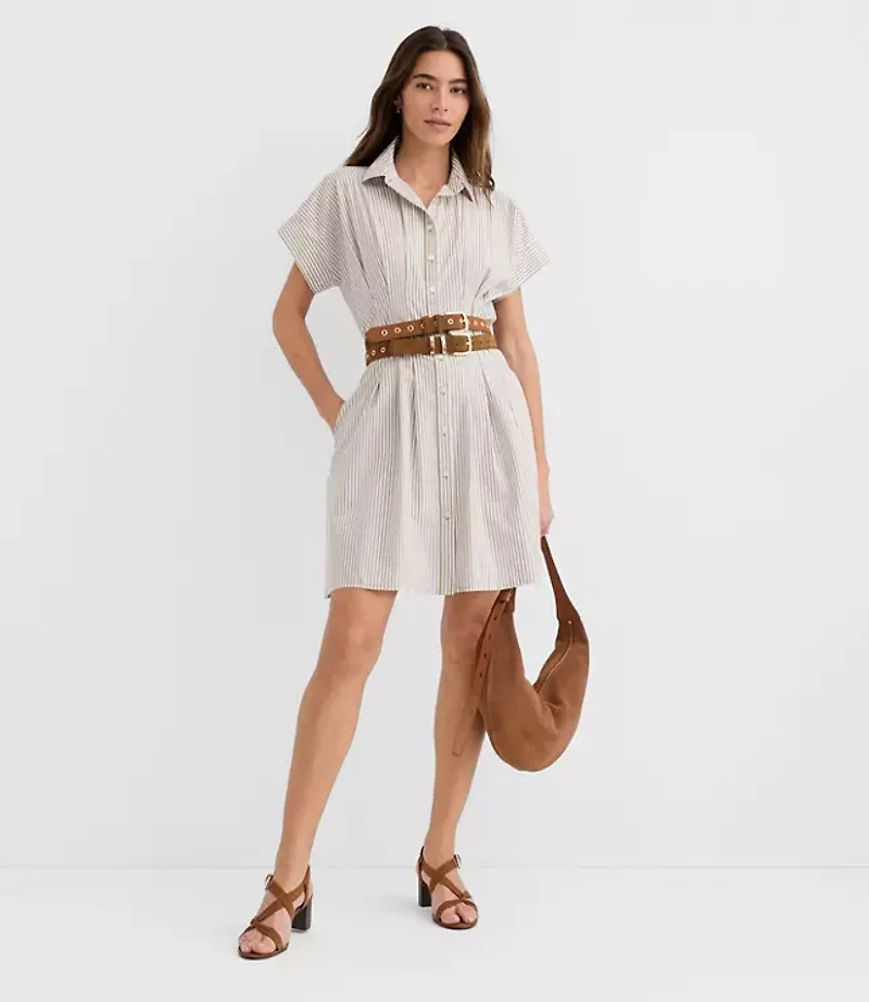 Petite Striped Poplin Pleated Mini Pocket Shirtdress