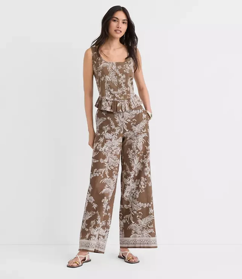 Floral Pull On Wide Leg Pants Linen Cotton