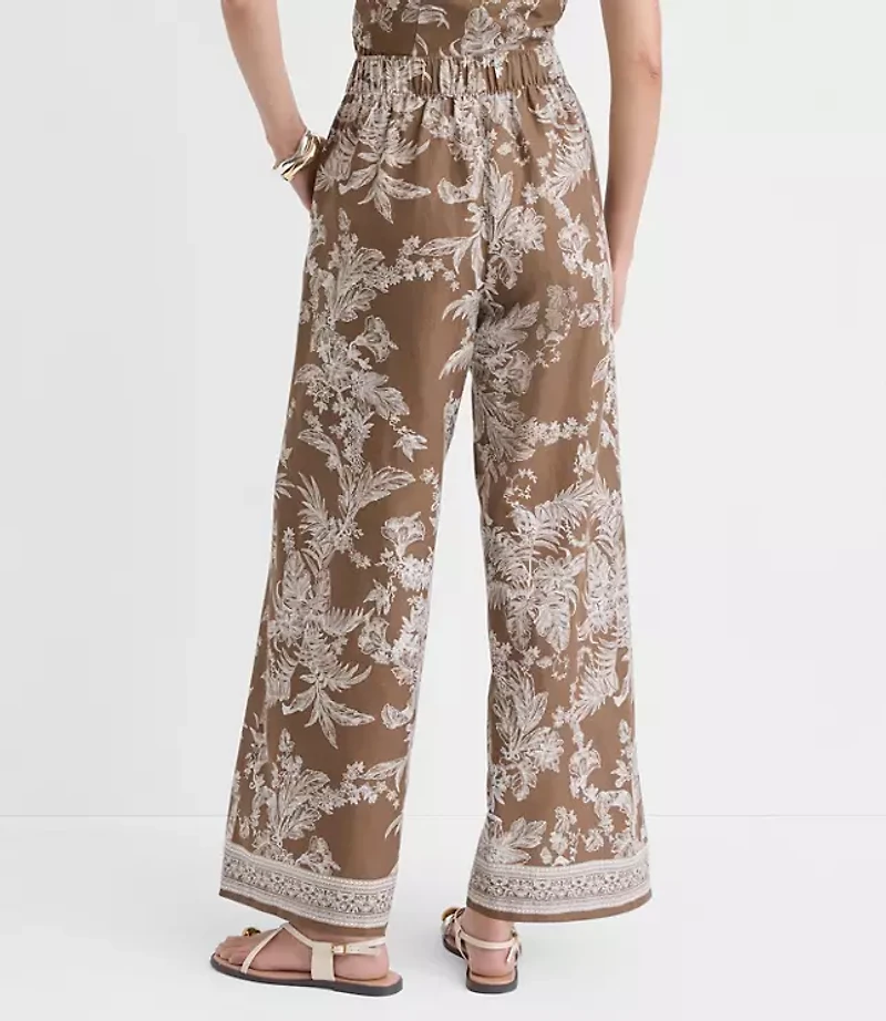 Floral Pull On Wide Leg Pants Linen Cotton
