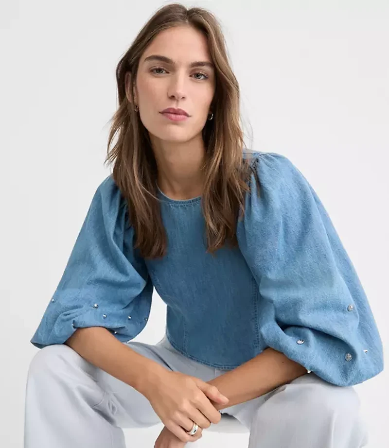 Petite Studded Chambray Puff Sleeve Blouse