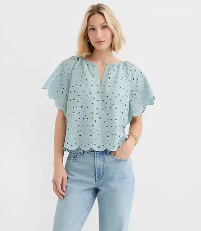 Petite Scalloped Eyelet Flutter Sleeve Top