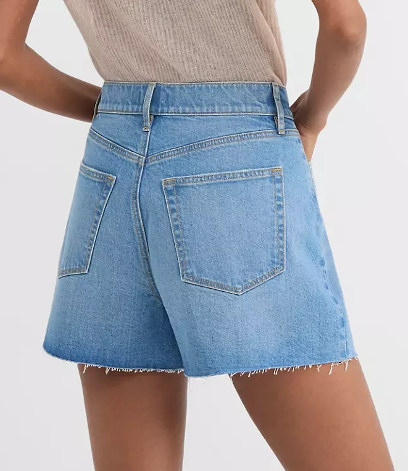 Rivete Curvy High Rise Cut Off Denim Shorts Mid Wash