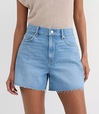 Rivete Curvy High Rise Cut Off Denim Shorts Mid Wash