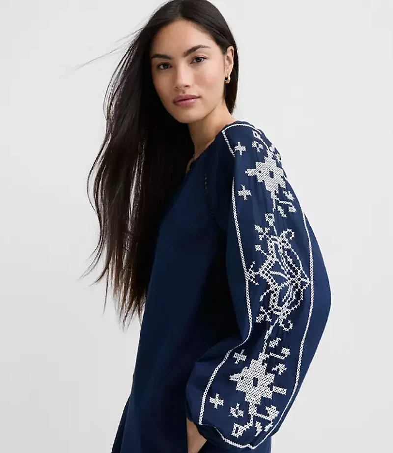 Tall Floral Embroidered Split Neck Mini Pocket Dress