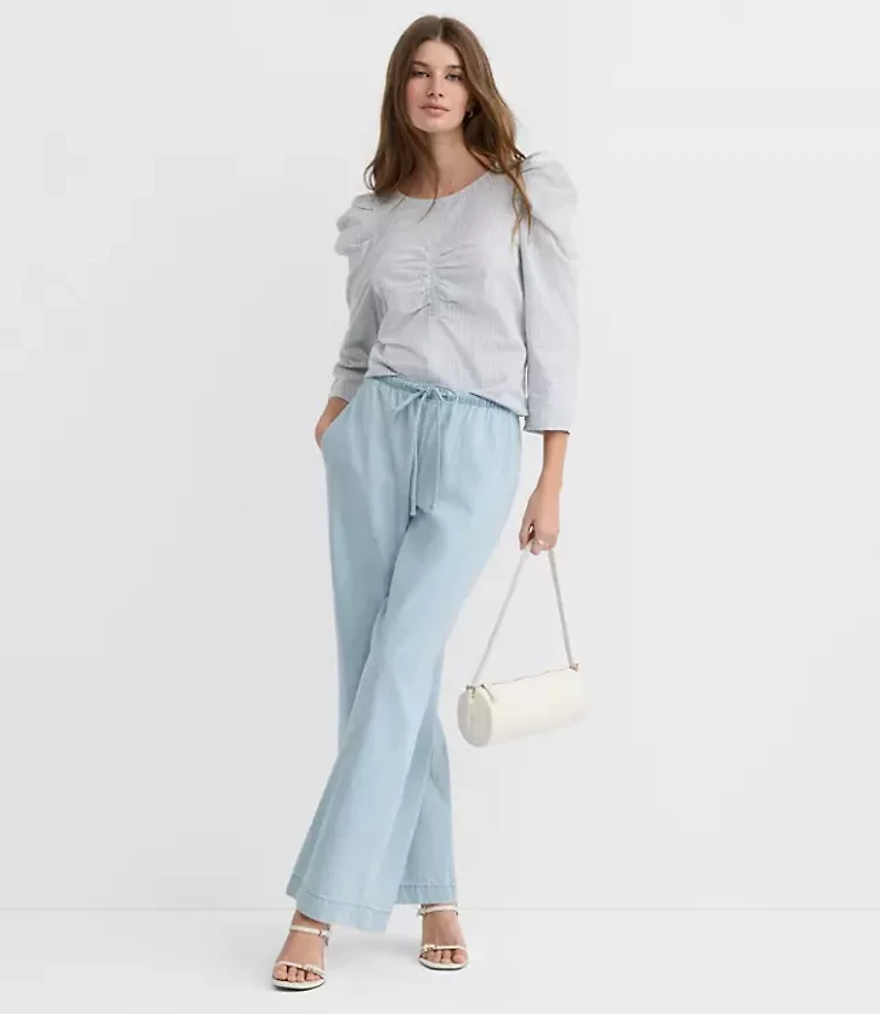 Petite Stripe Ruched Puff Sleeve Top