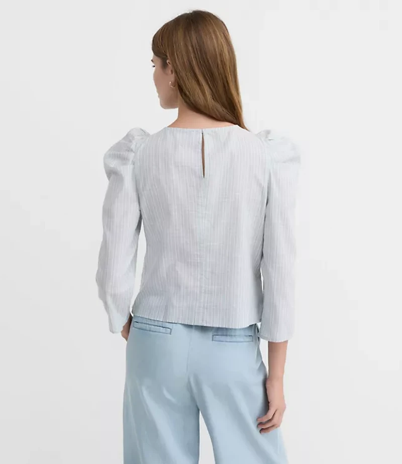 Petite Stripe Ruched Puff Sleeve Top