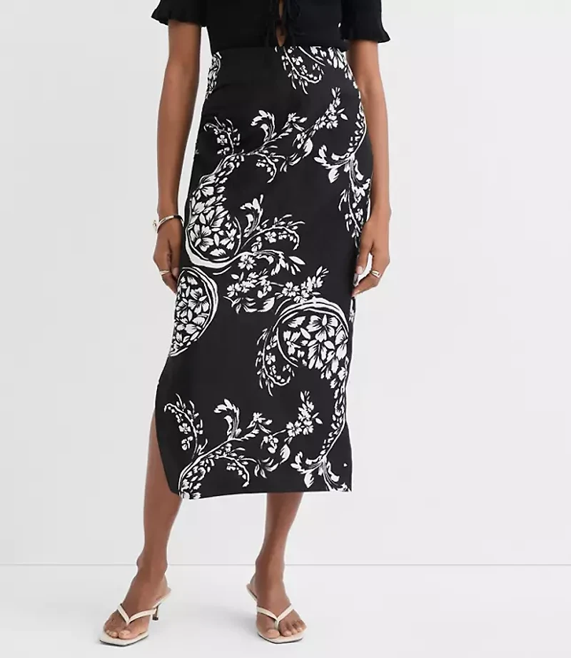 Petite Floral Paisley Ruched Linen Blend Midi Skirt
